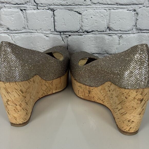 Stuart Weitzman Anna Wedge Women 6 Silver Glitter Cork Platform Peep Toe Pumps - Picture 11 of 15